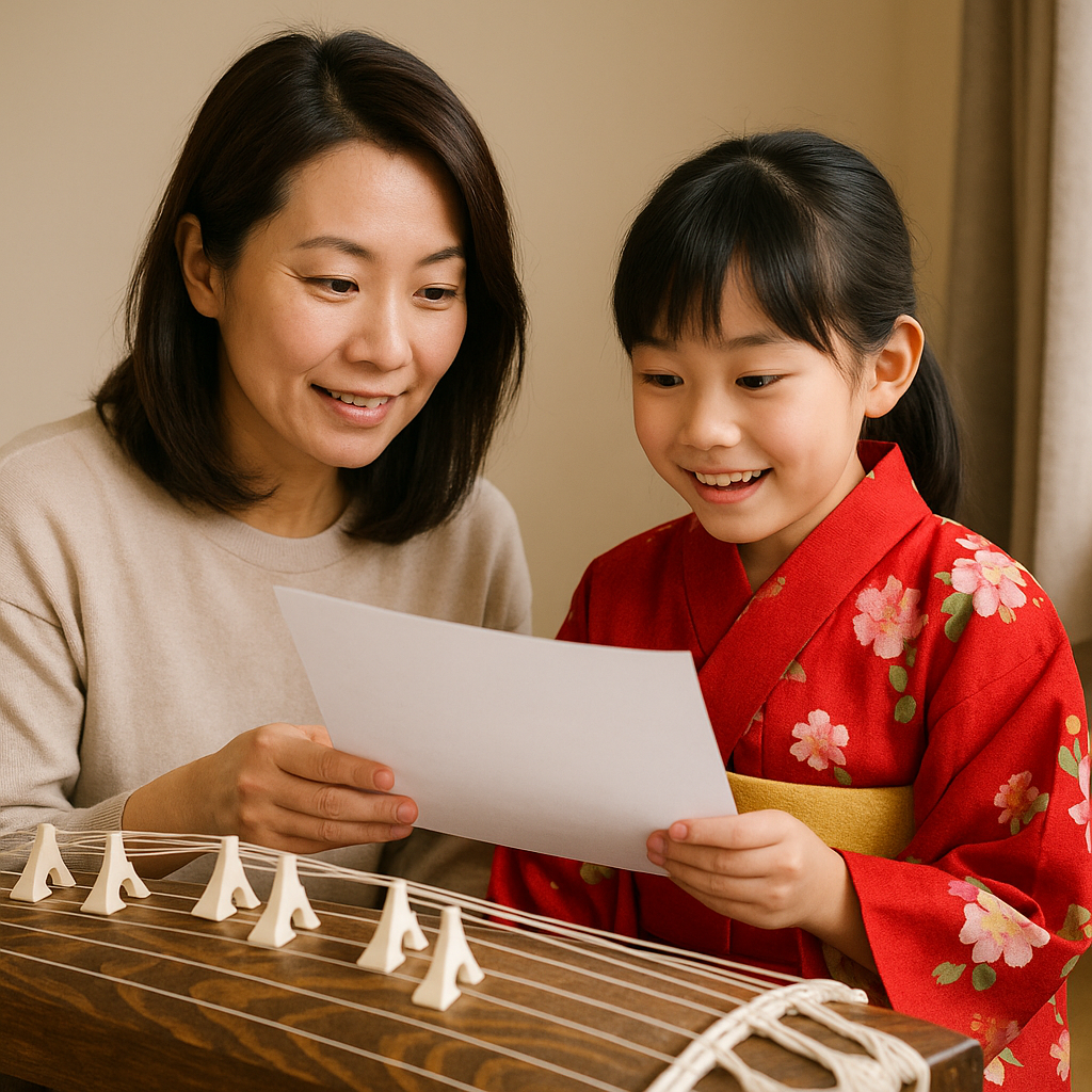 箏の購入を検討する母子